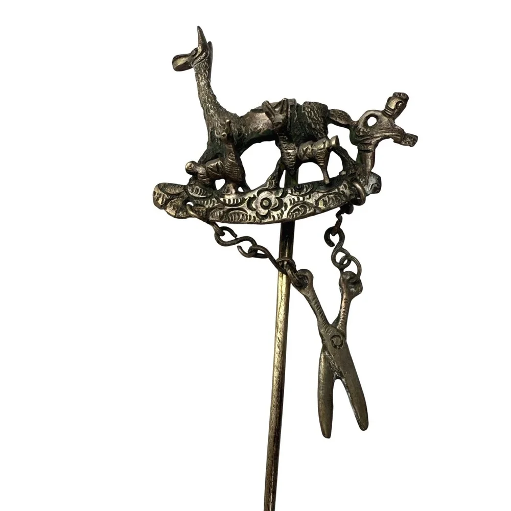 Vintage Andean Tupu Shawl Pin Brooch Llama‎ With Scissors Folk Art Peru Bolivia